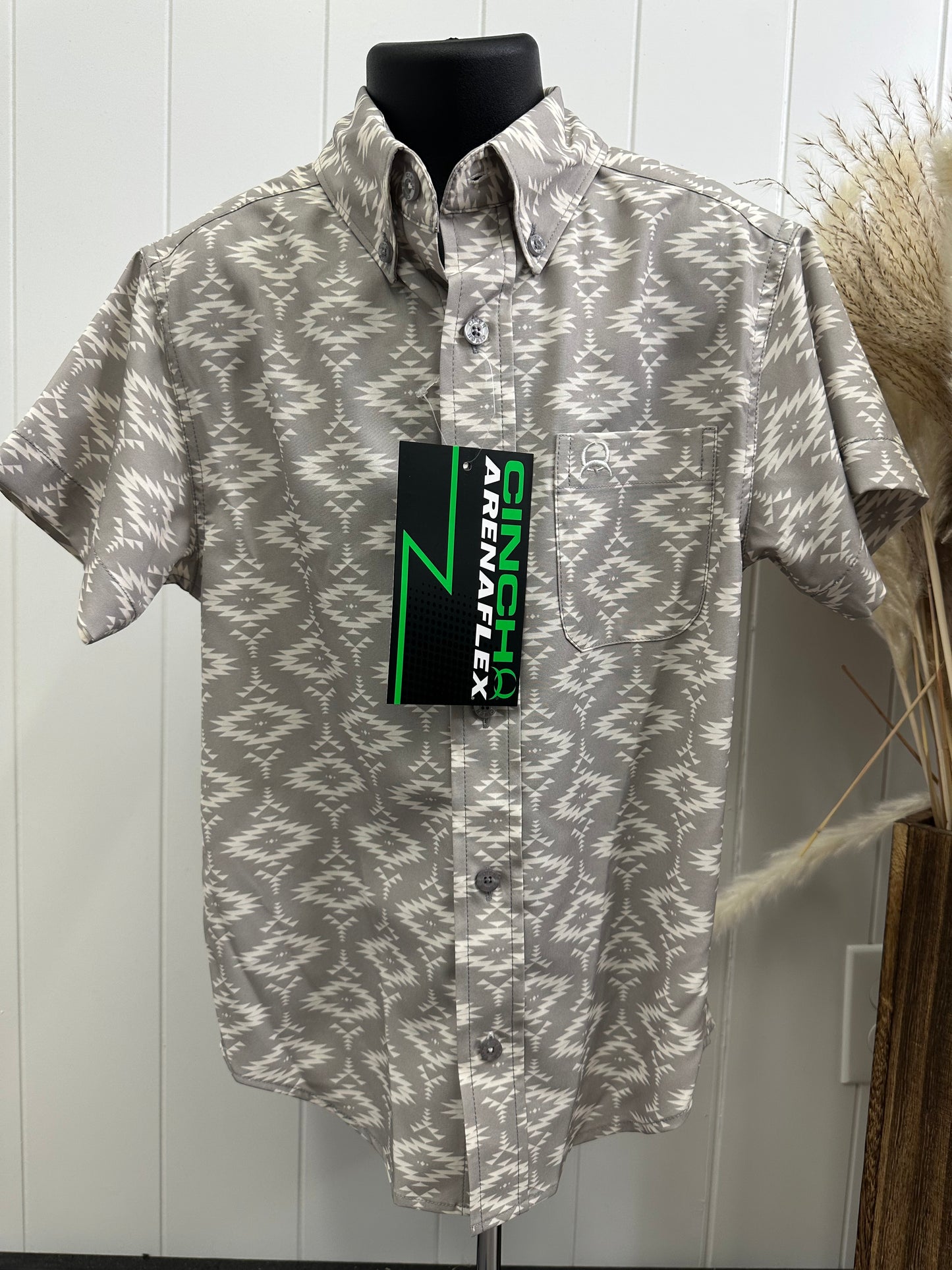 CINCH BOYS ARENA FLEX GREY AZTEC SHORT SLEEVE