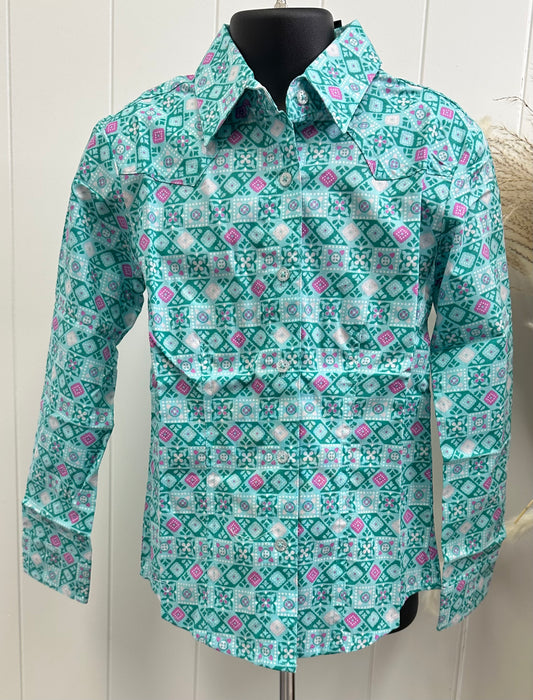 CRUEL GIRL KID TURQUOISE AND PURPLE BUTTON UP LS