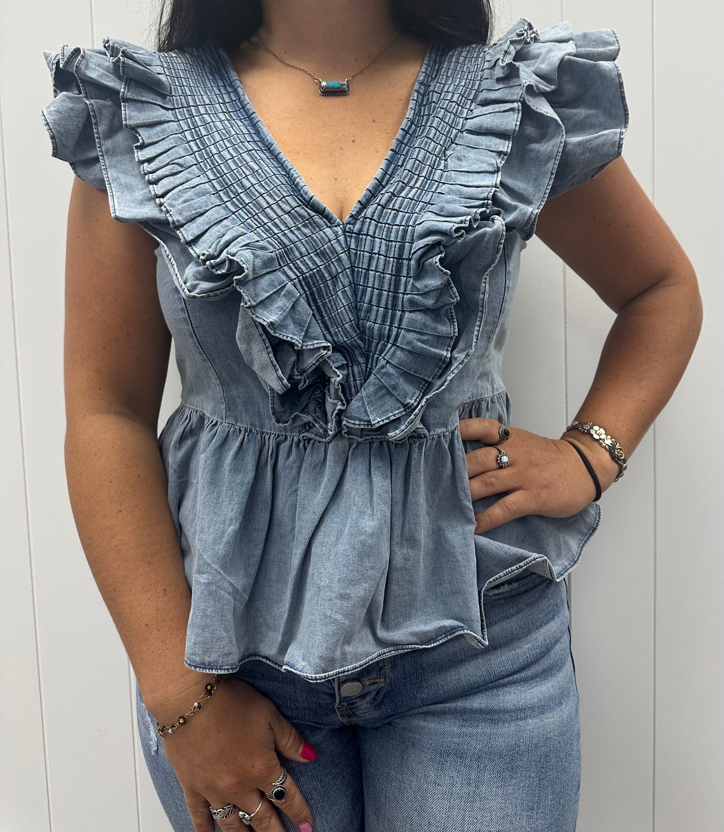 DENIM V NECK RUFFLE TOP