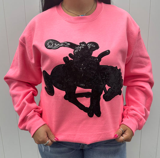 BLACK SEQUIN BRONC HOT PINK PULLOVER