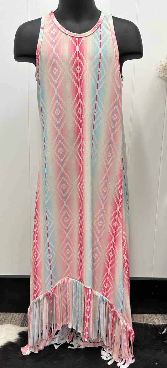 GIRLS LIGHT PINK AZTEC DRESS WITH FRINGES