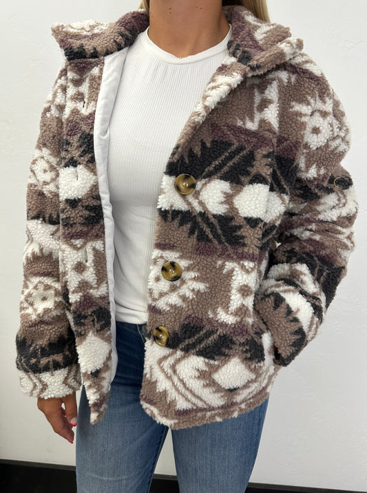 MOCHA AZTEC BUTTON FRONT JACKET