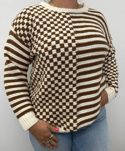 MOCHA STRIPE AND CHECK SWEATER